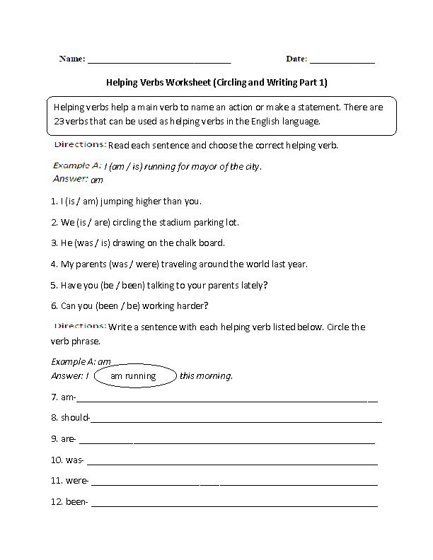 Grade 3 Helping Verb Worksheet