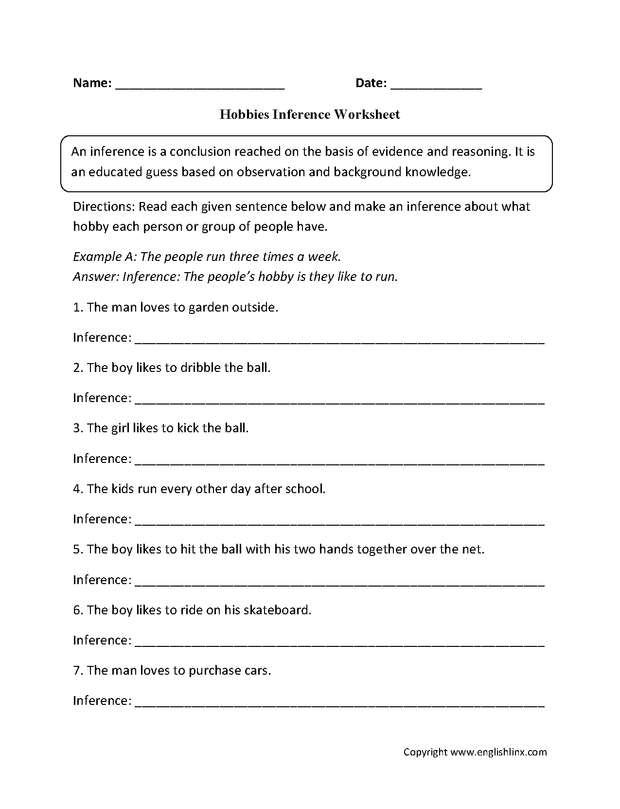 Inferences Worksheet 5 Reading Activity