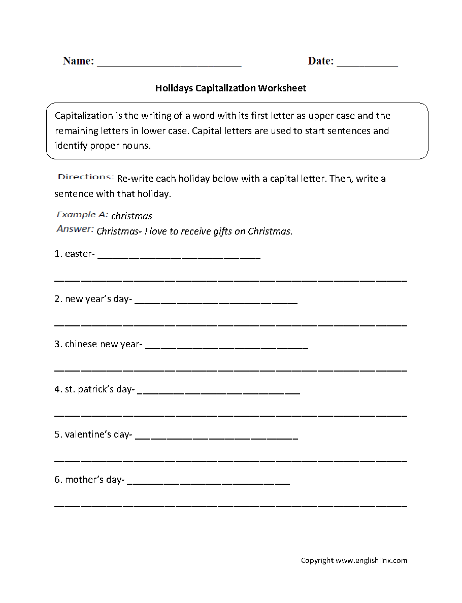 Holidays Capitalization Worksheets