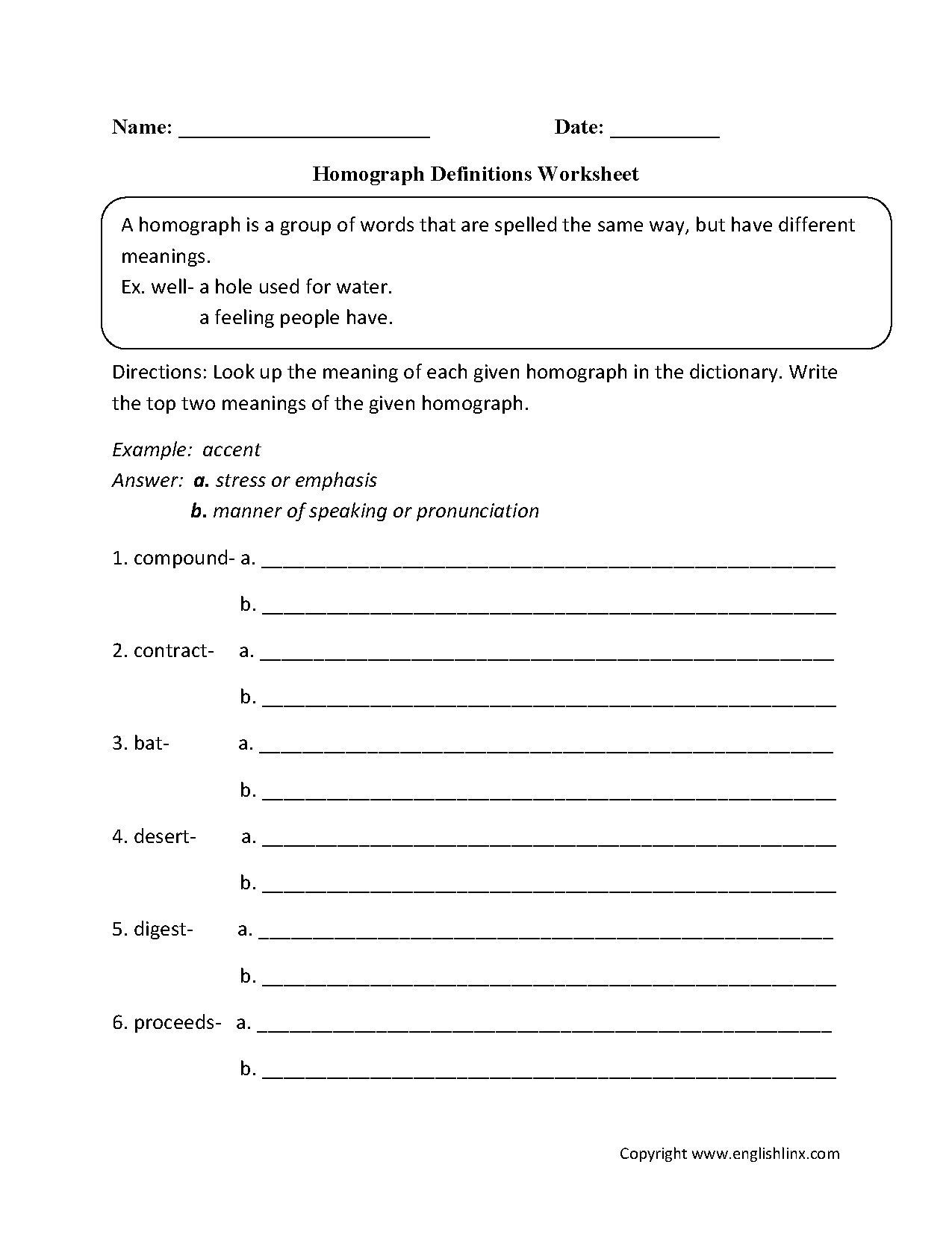 Homograph Worksheets