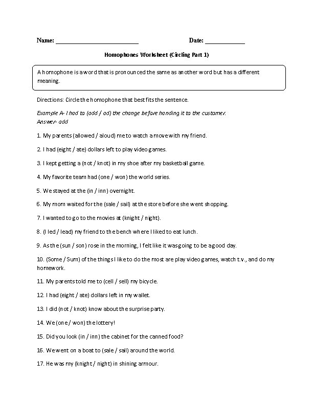 Circling Homophone Worksheet