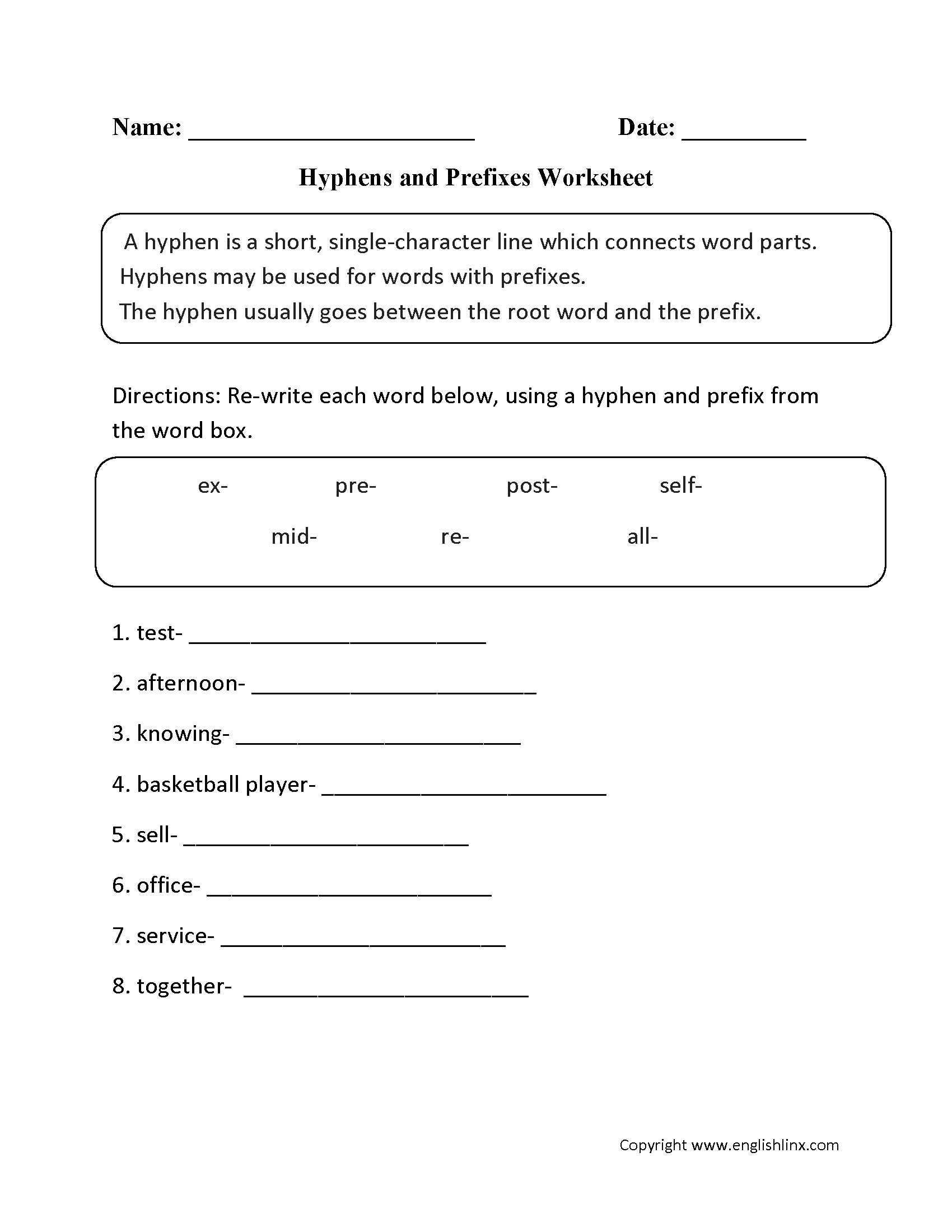 Hyphens and Prefixes Worksheet