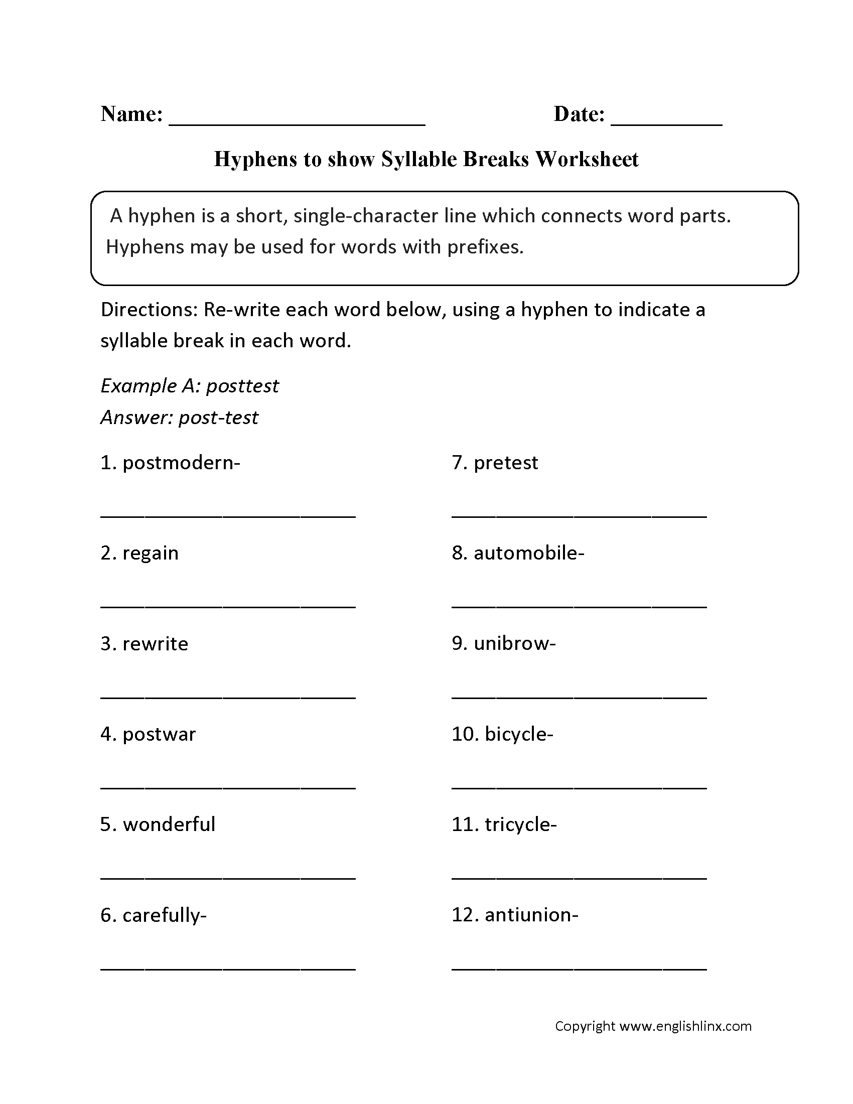 Hyphens to show Syllables Worksheet