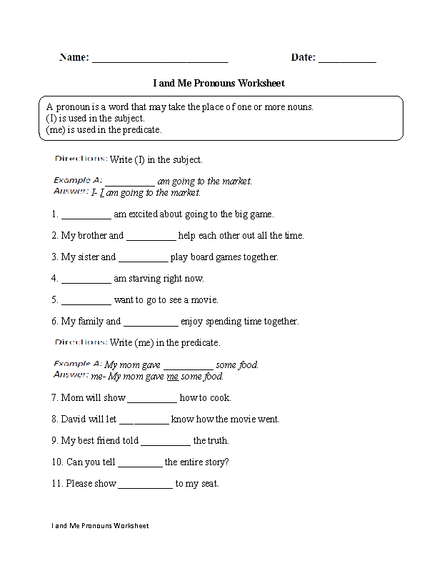 I and Me Personal Pronouns Worksheet