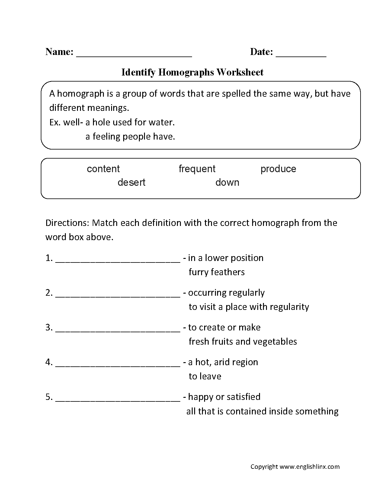 Identify Homographs Worksheet