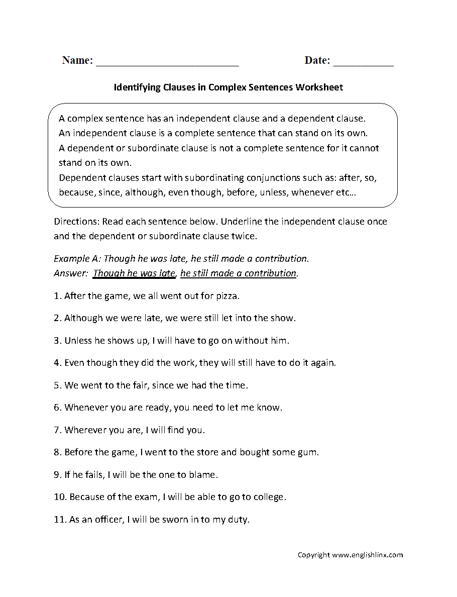 Complex Sentences Worksheets  Identifying Clauses in Complex  alphabet worksheets, education, multiplication, learning, grade worksheets, and worksheets for teachers Subordinate Clause Worksheets 1188 x 910