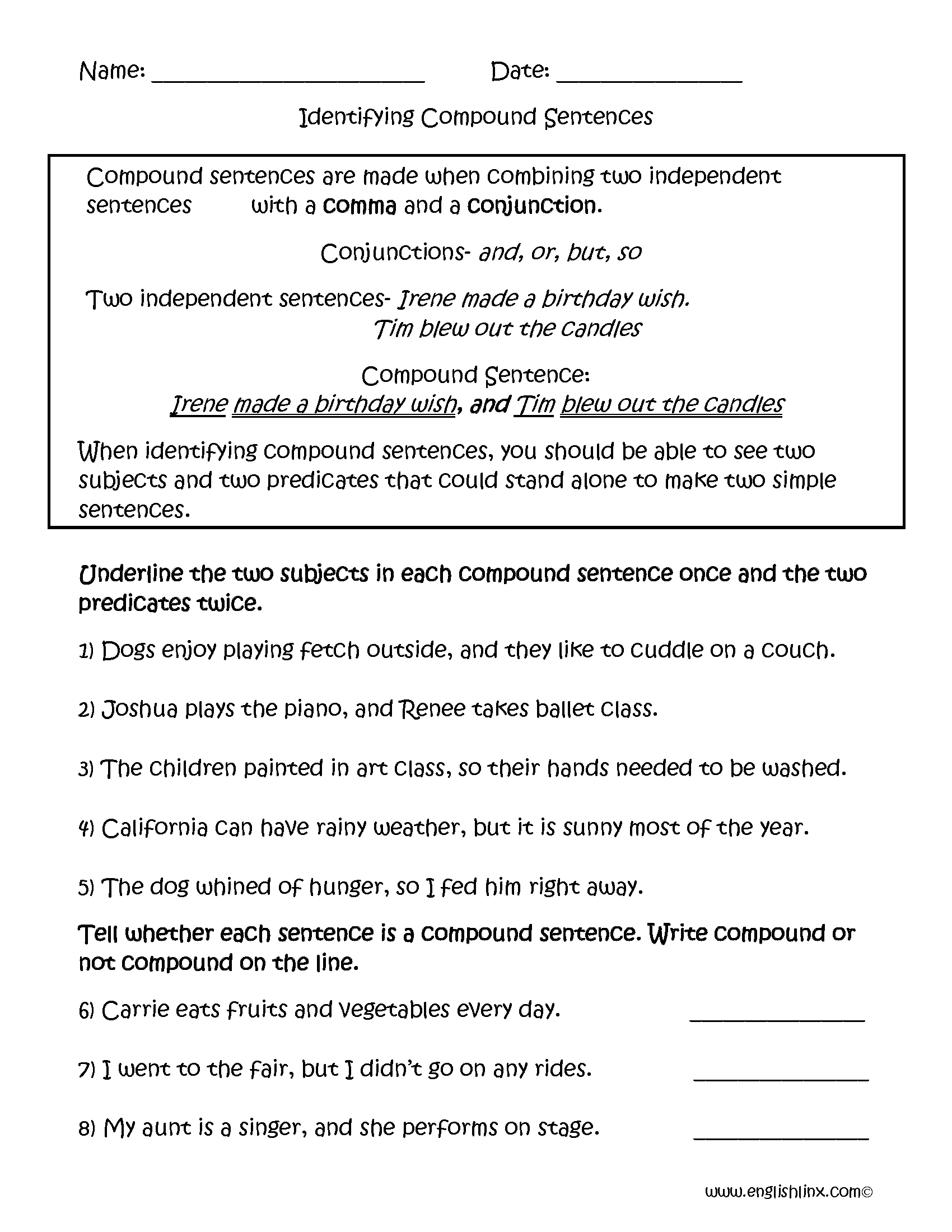 Sentences Worksheets | Compound Sentences Worksheets