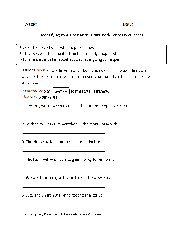 Identifying Past,Present or Future Verb Tenses Worksheet