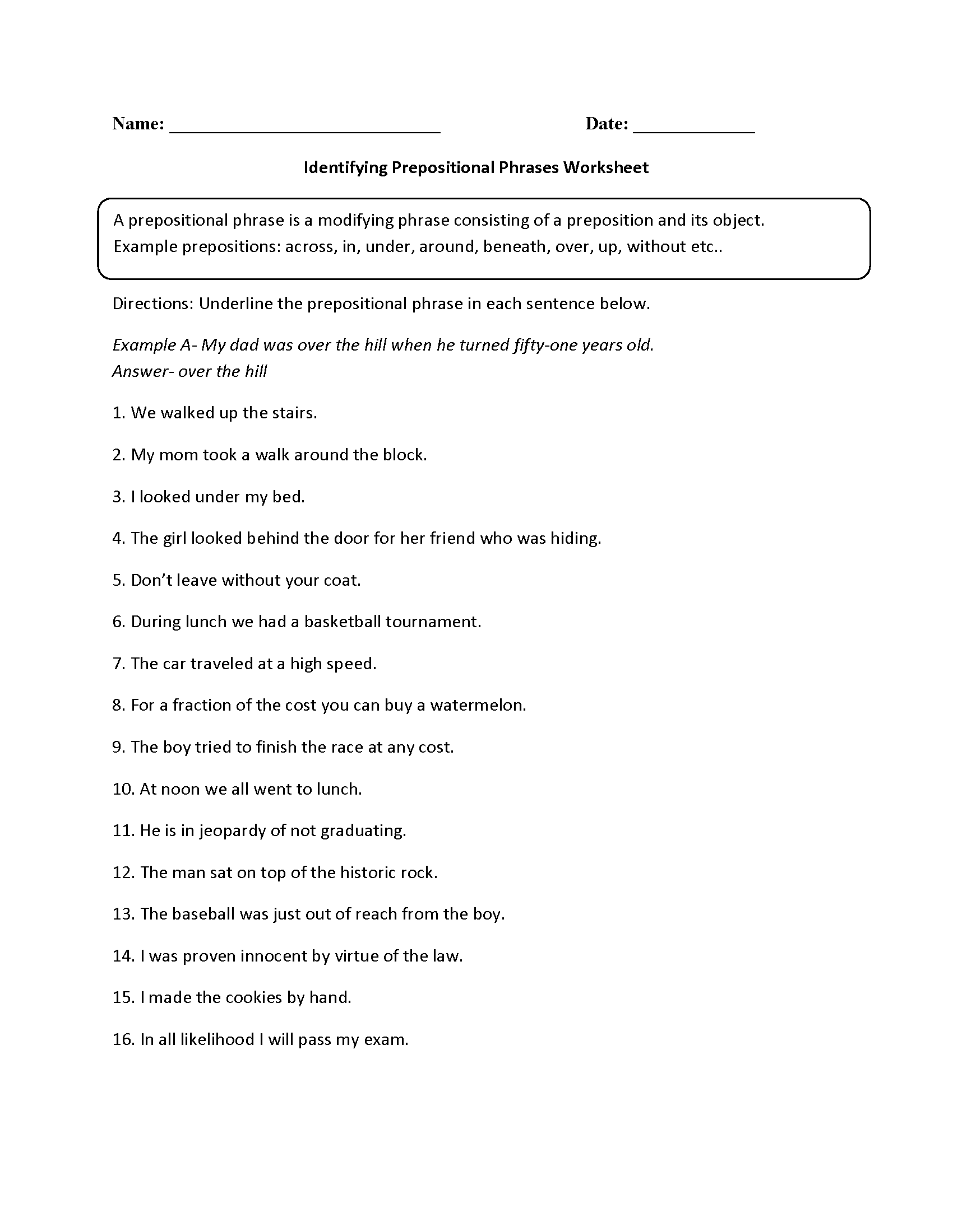 Parts of a Sentence Worksheets | Prepositional Phrase Worksheets