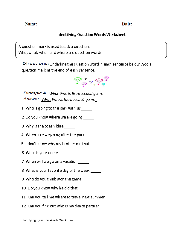 Identifying Question Word Worksheet