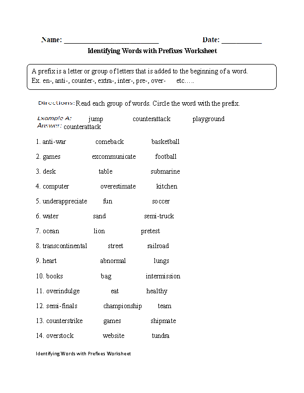 Identifying Words with Prefixes Worksheet