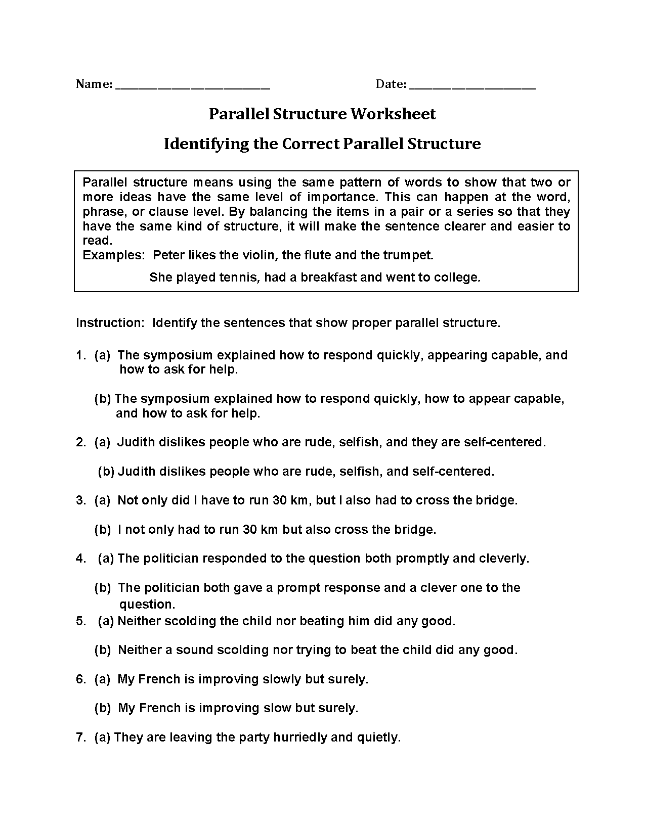 Identifying Correct Parallel Structure Worksheets