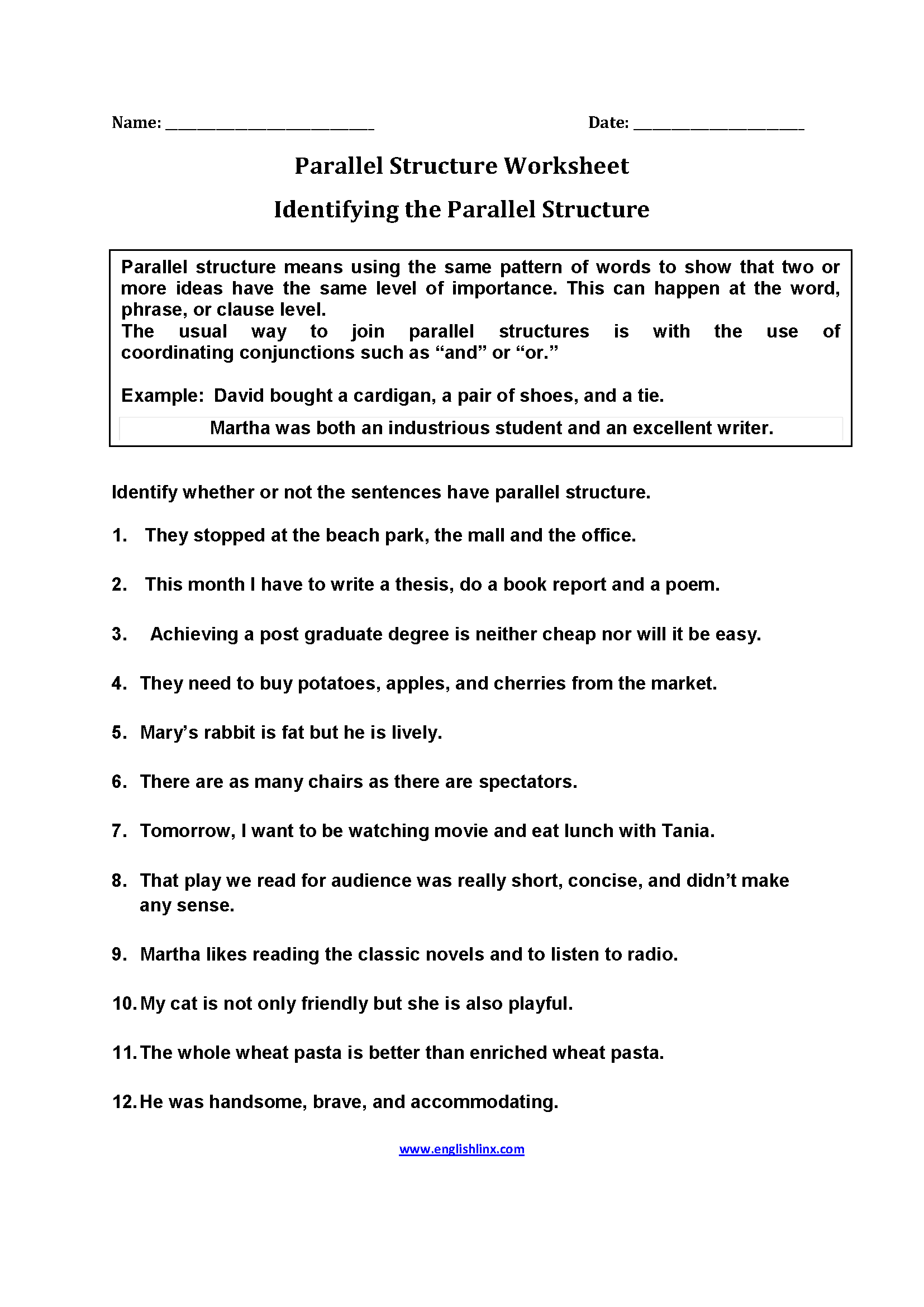 Identifying Parallel Structure Worksheets