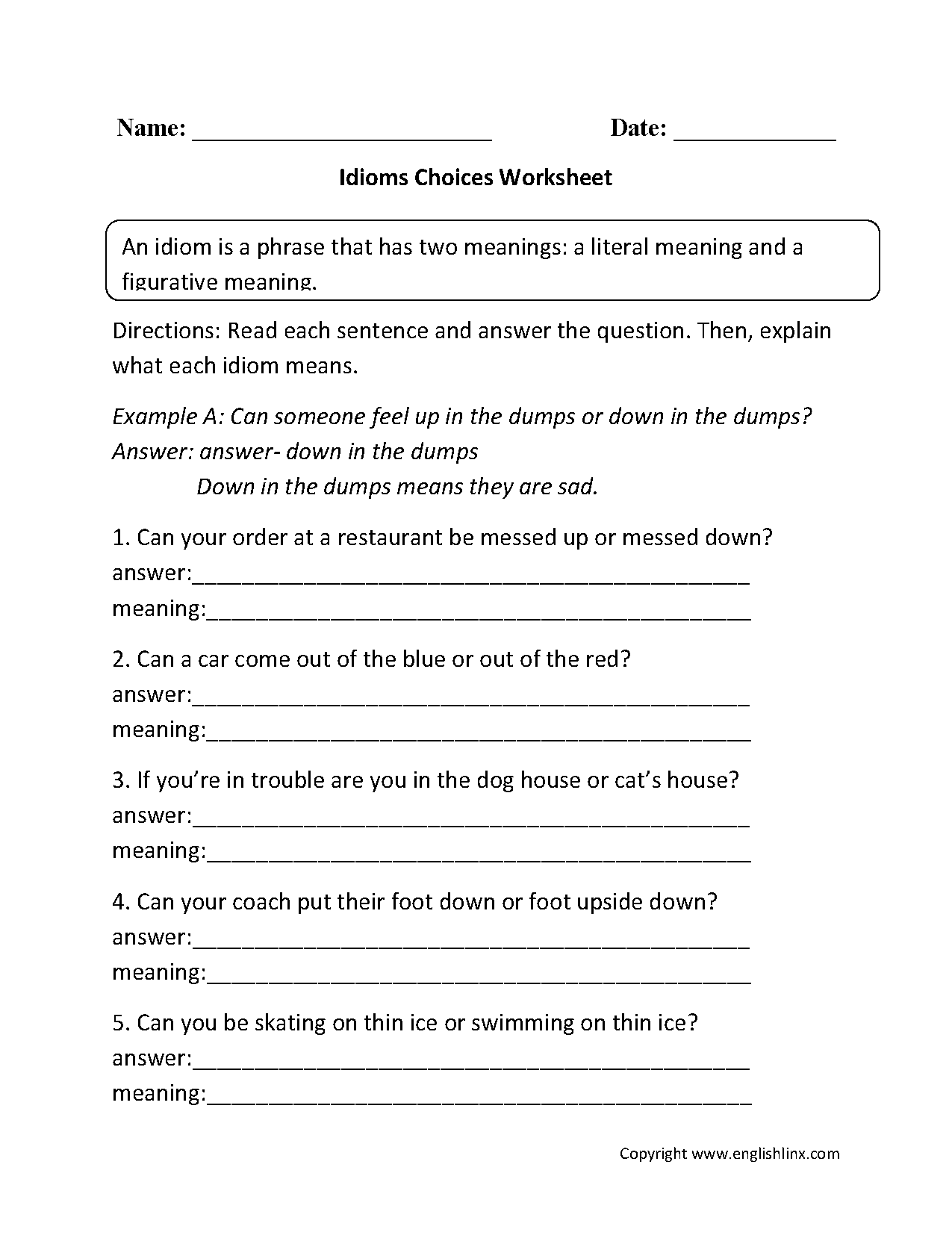 Idioms And Phrases Worksheets With Answers