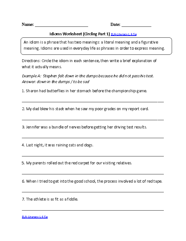Idioms Worksheet ELA-Literacy.L.6.5a Language Worksheet