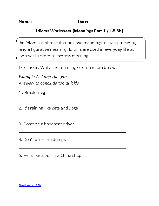 Idioms Worksheet 1 ELA-Literacy.L.5.5b Language Worksheet