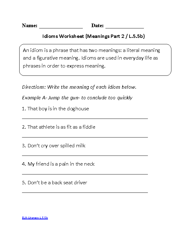Idioms Worksheet 2 ELA-Literacy.L.5.5b Language Worksheet