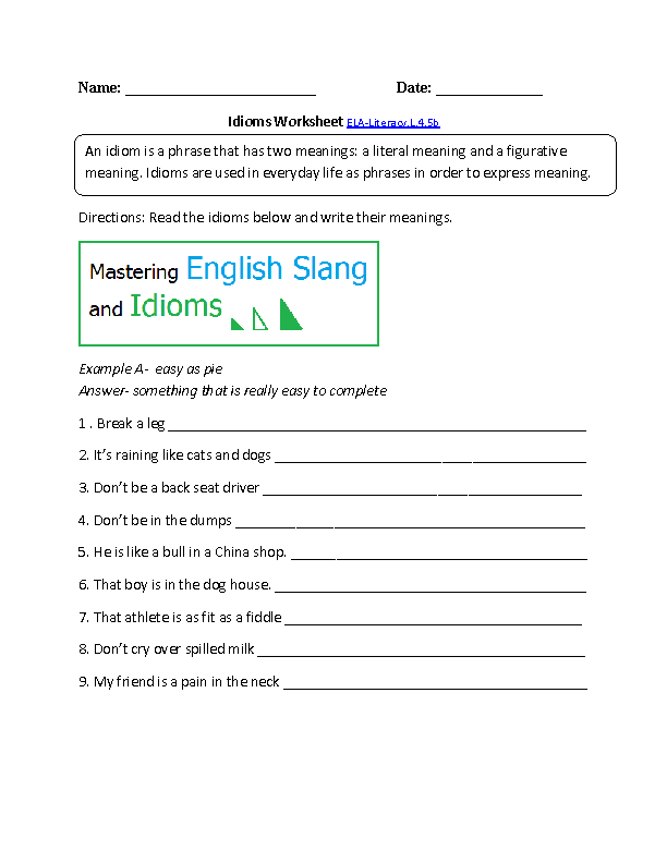 Idioms Worksheet Meanings 1 ELA-Literacy.L.4.5a Language Worksheet