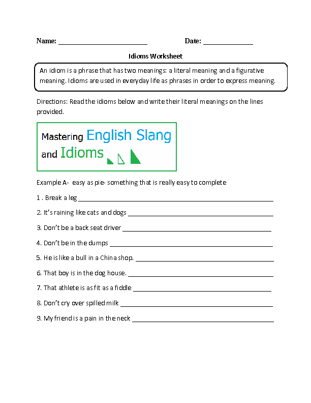 Idioms Worksheet Intermediate