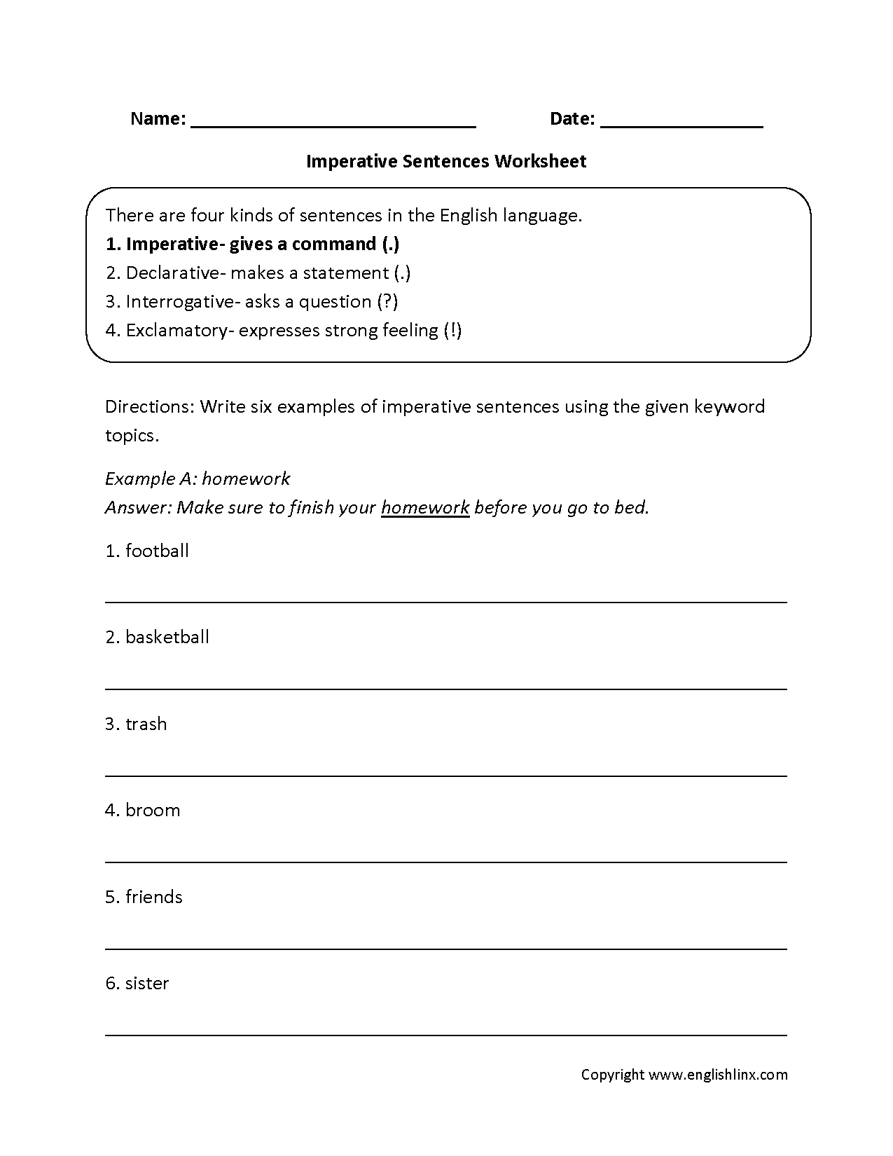 Imperative Types of Sentences Worksheets