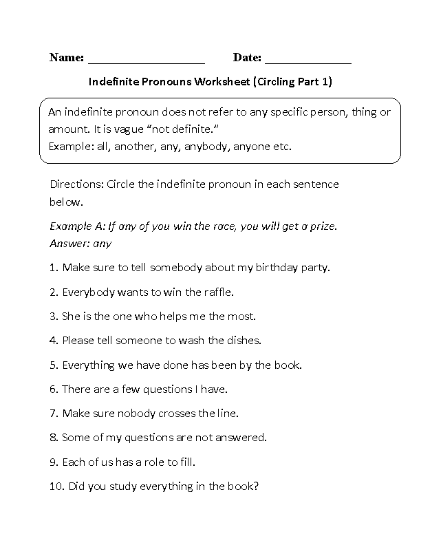 Indefinite Pronoun Worksheet Grade 5