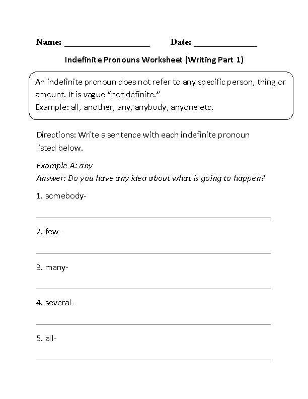 Identifying Indefinite Pronouns Worksheet