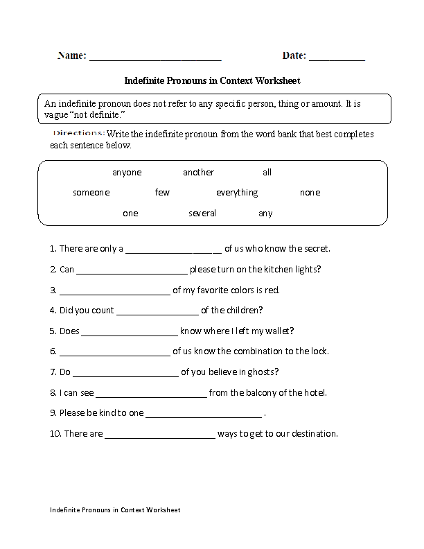 Worksheet About Indefinite Pronouns