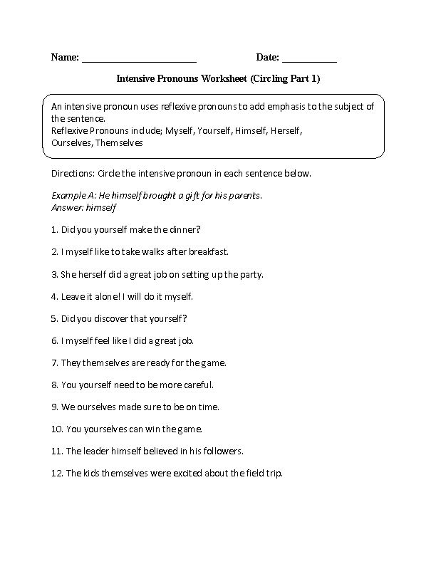 Pronouns Worksheets | Intensive Pronouns Worksheets