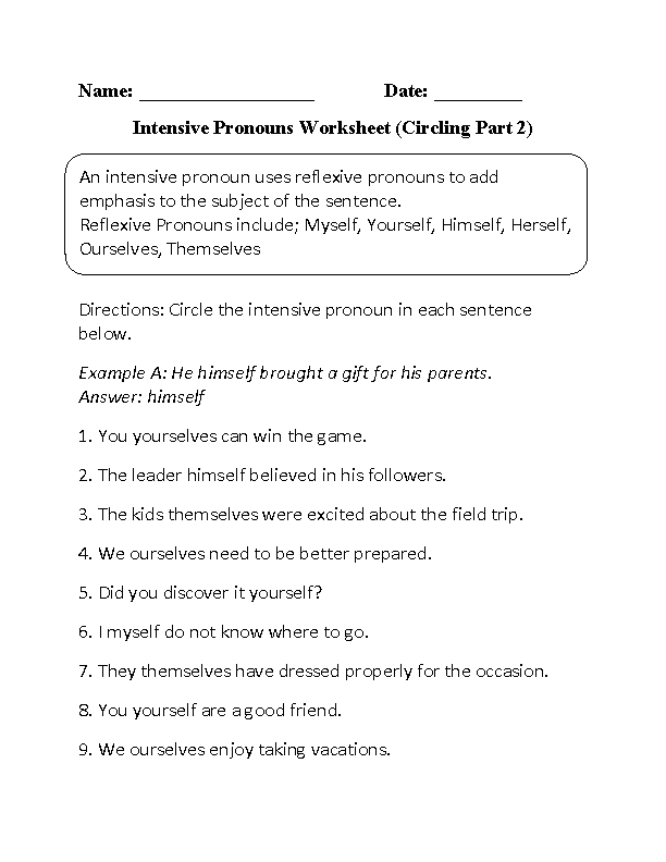 Intensive Pronouns Worksheets | Finding Intensive Pronouns Worksheet