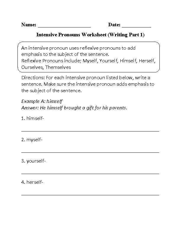 Intensive Pronoun Worksheet