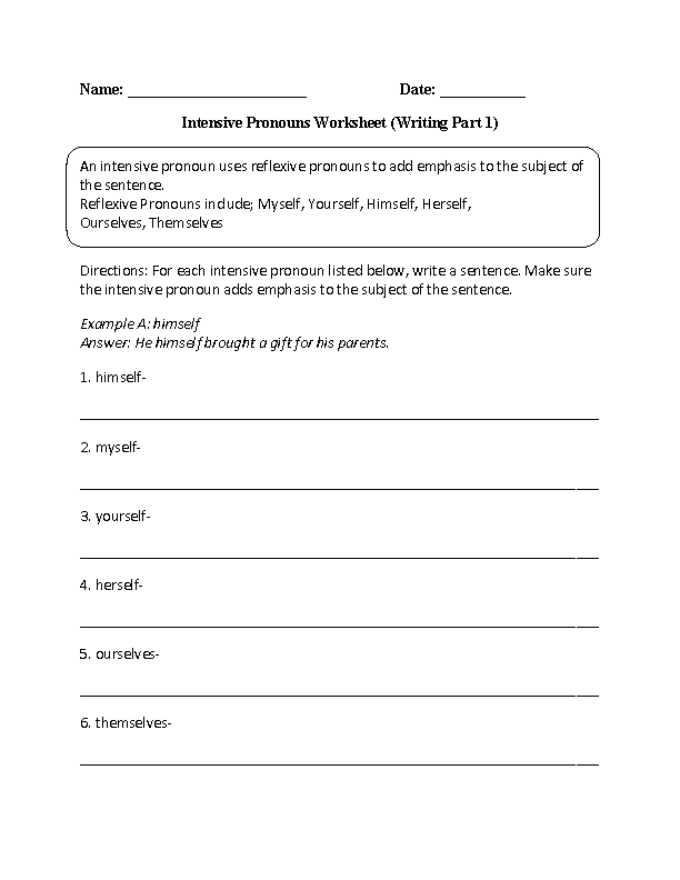 Writing Intensive Pronoun Worksheet