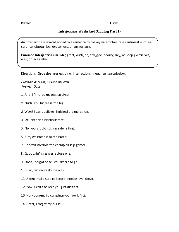 Circling with Interjections Worksheet