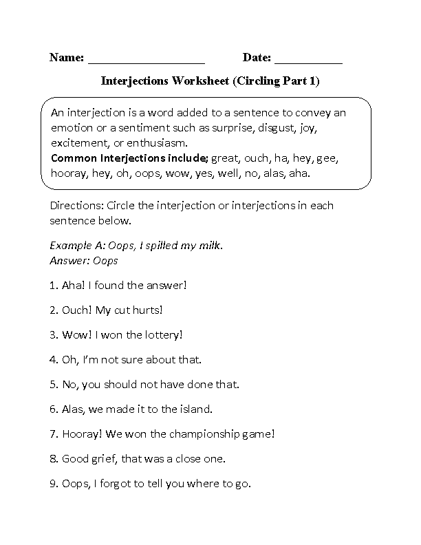 Interjections Worksheet Circling