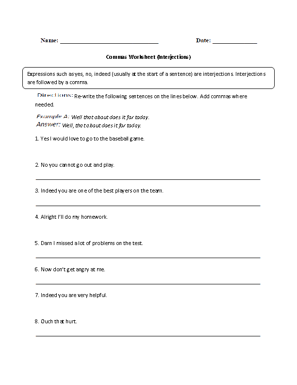 Interjections Commas Worksheet