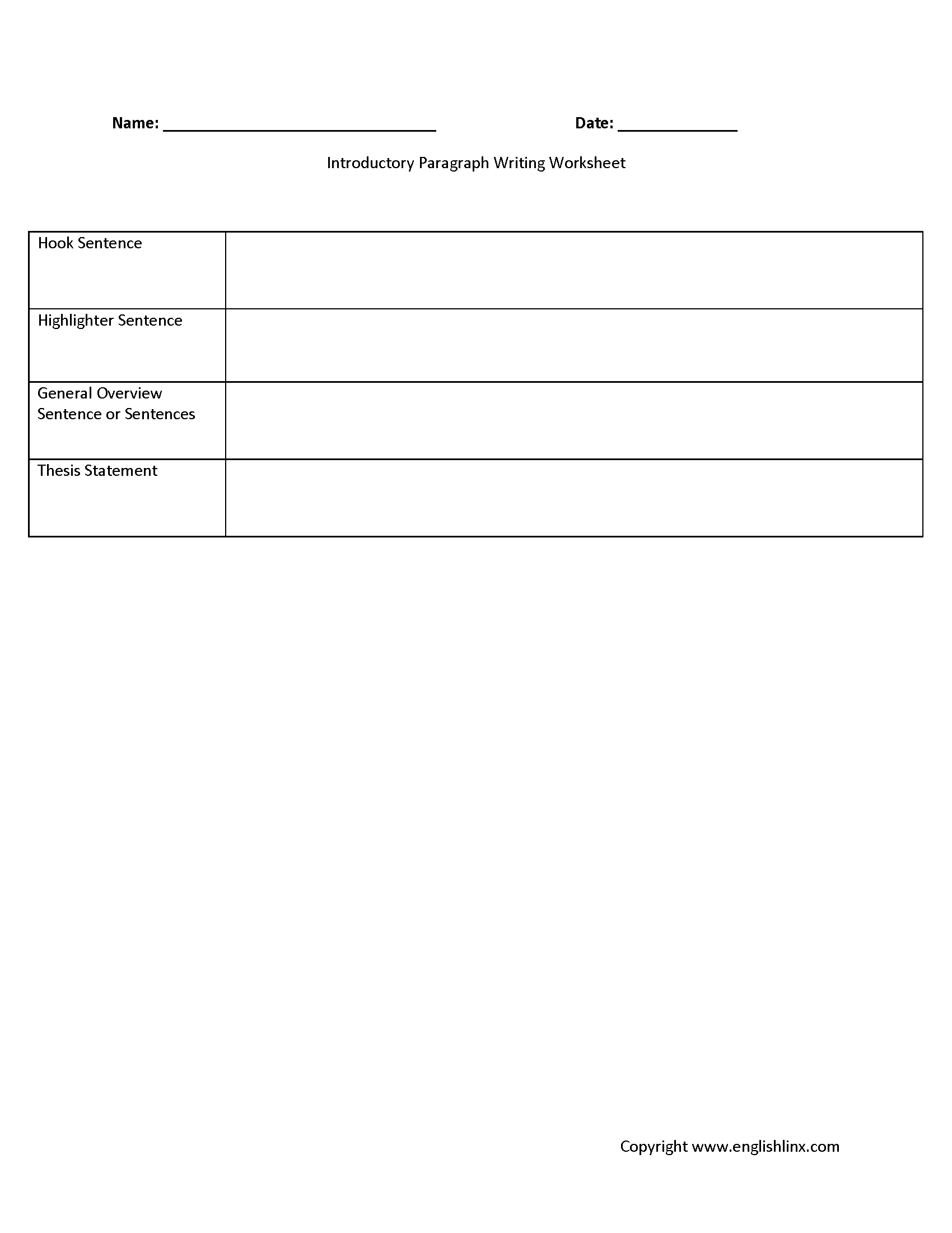 Introductory Paragraph Graphic Organizers Worksheet