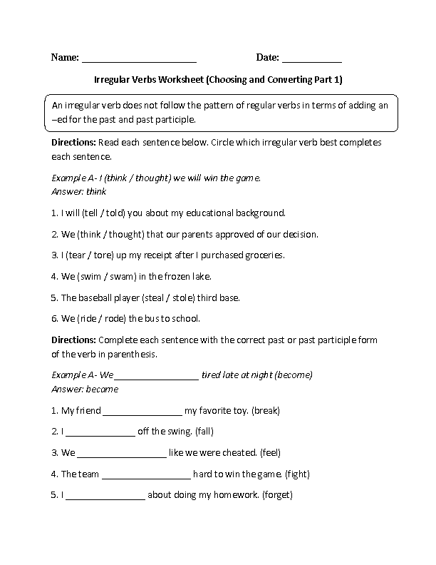Irregular verb worksheets pdf