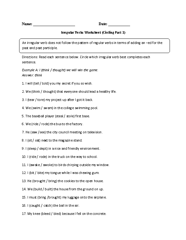 Practicing Irregular Verbs Worksheet