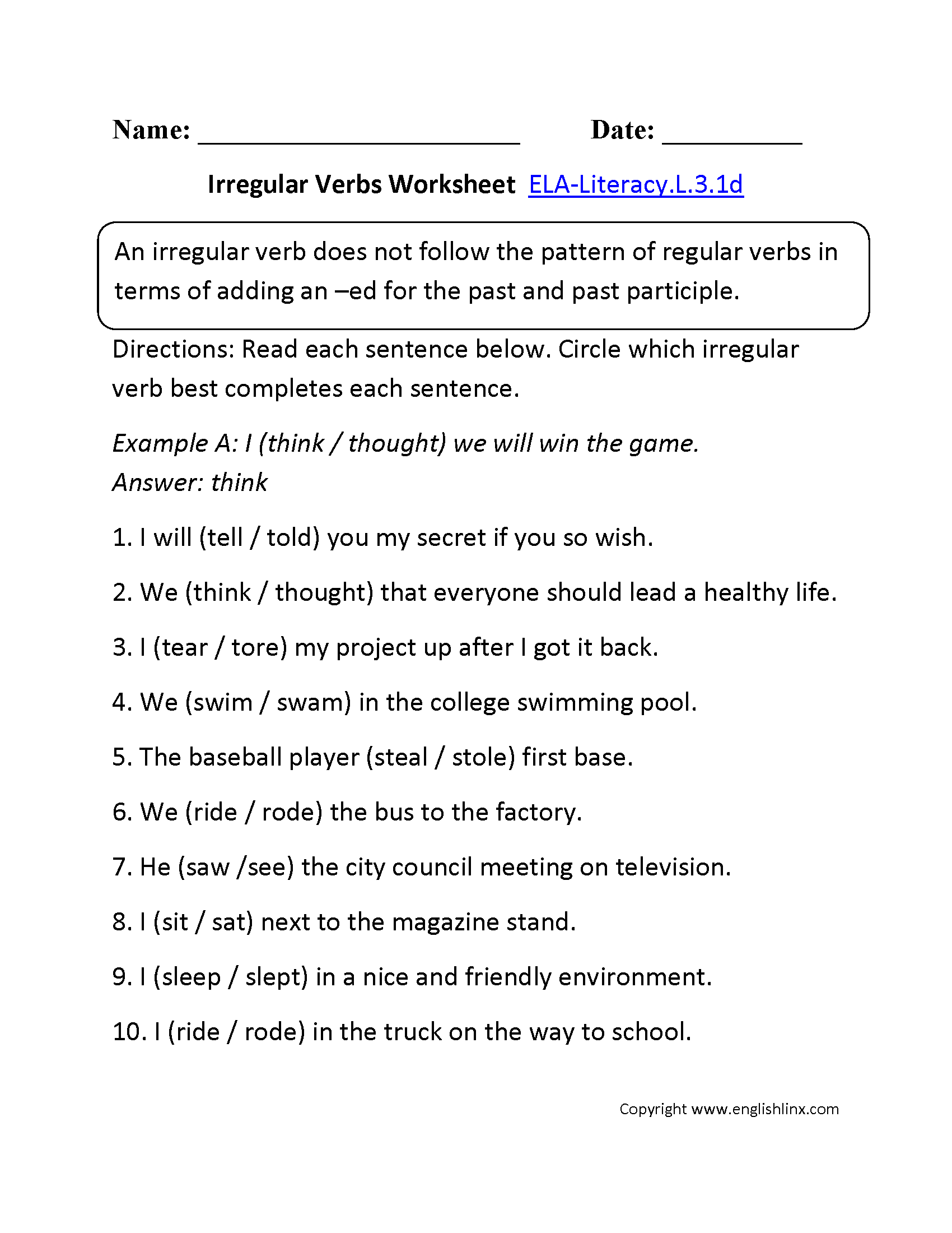 Irregular Verbs Worksheet 1 ELA-Literacy.L.3.1d Language Worksheet