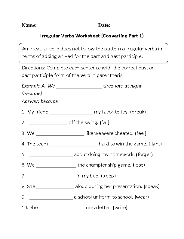 Irregular Verb Worksheet 4th Grade