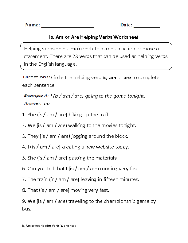 Helping Verbs Worksheets | Is, Am or Are Helping Verbs Worksheet