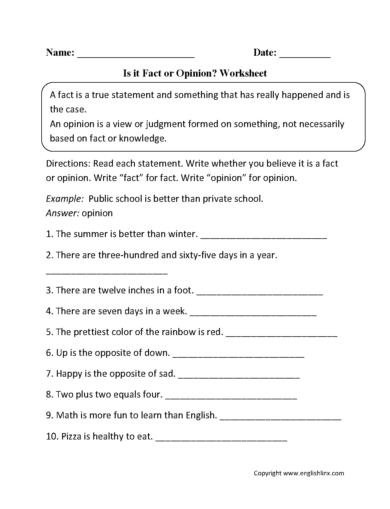 Is it Fact or Opinion? Worksheet