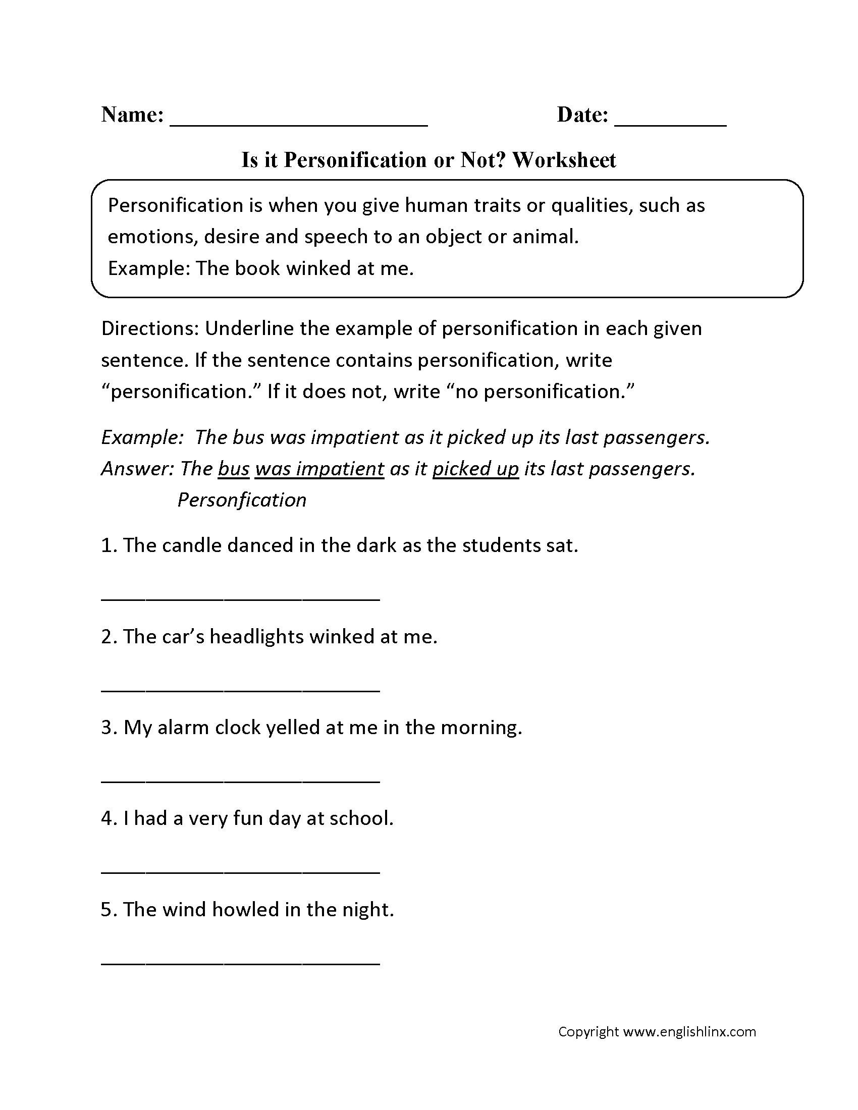 Is it Personification or Not? Worksheet