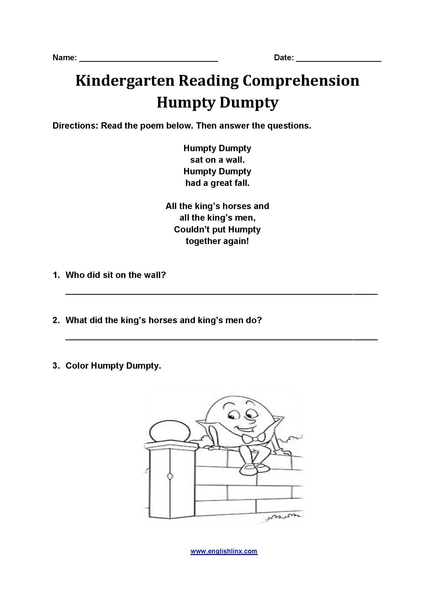 Humpty Dumpty Kindergarten Reading Comprehension Worksheets
