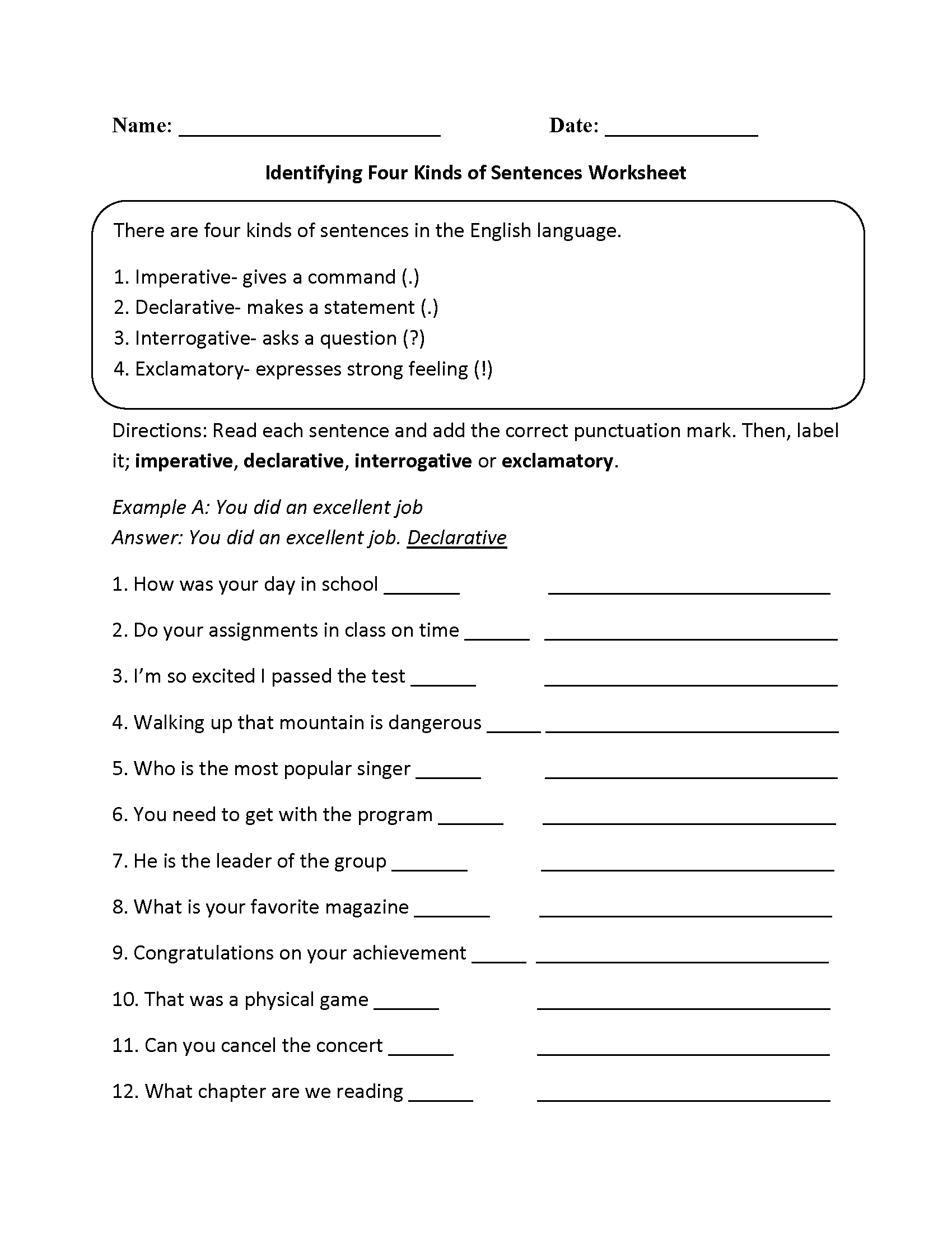Practicing Four Kinds of Sentences Worksheet