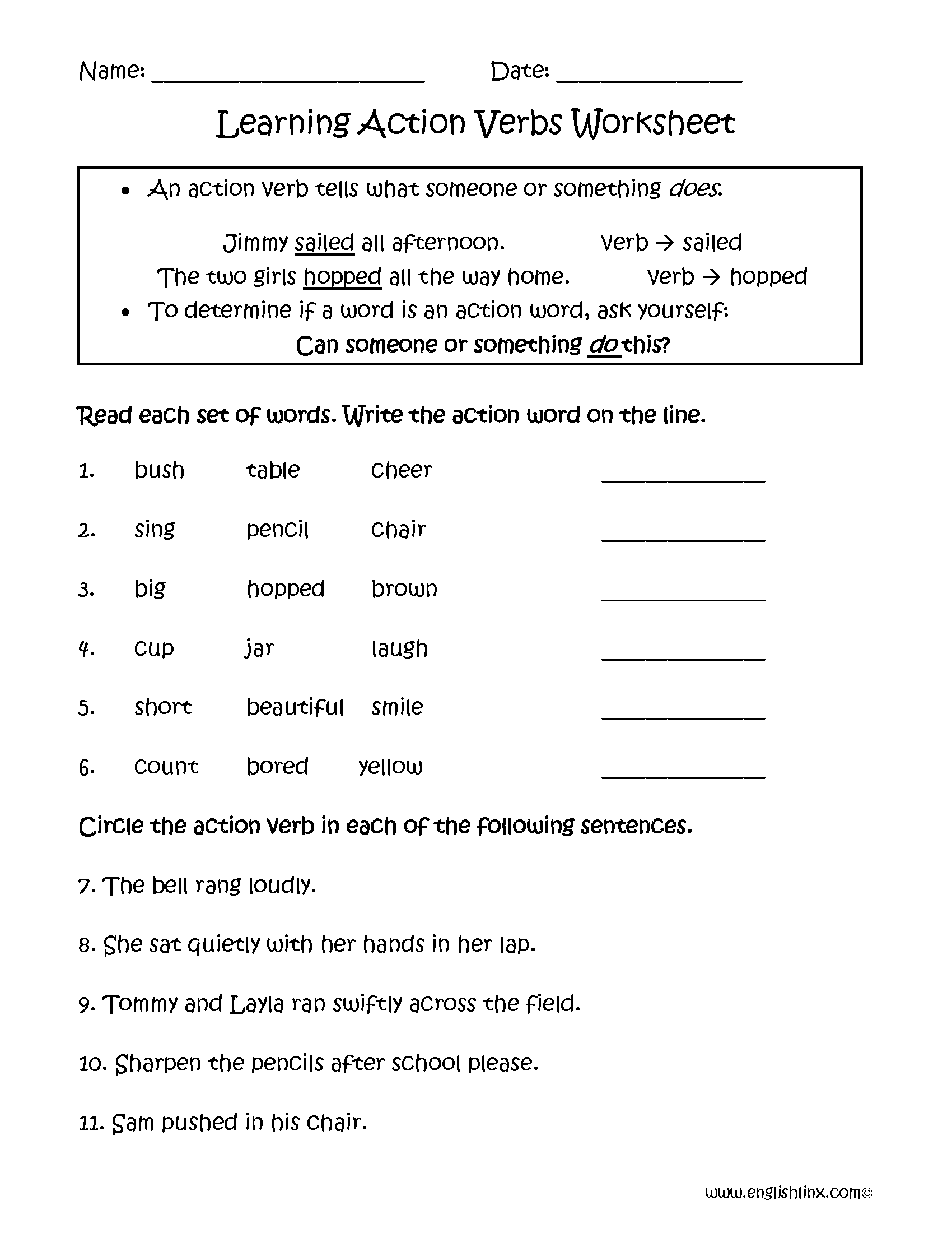 2nd Grade Worksheets On Verbs