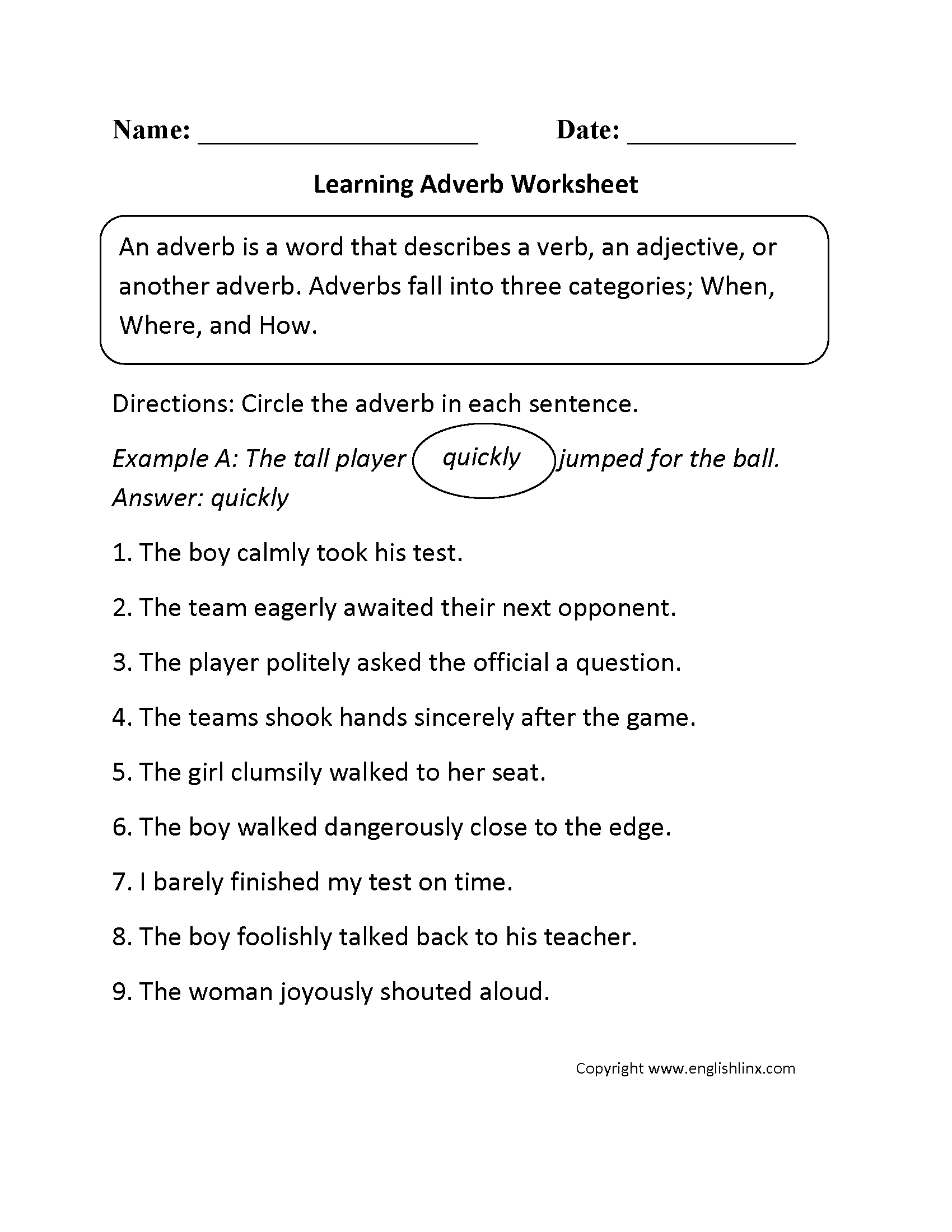 Learning Adverb Worksheets