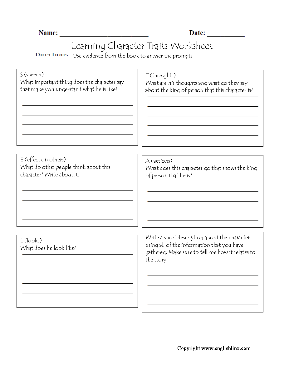 Learning Character Traits Worksheet