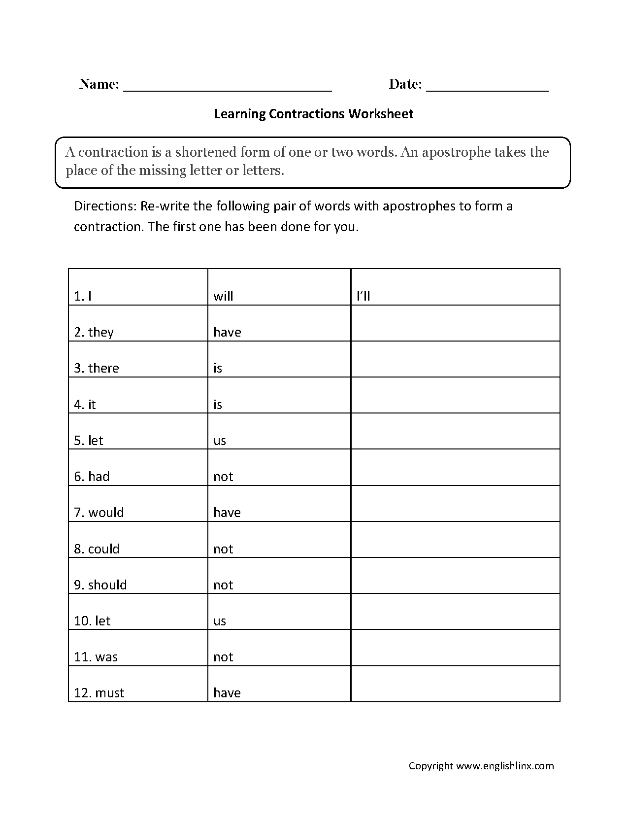Learning Contractions Worksheets