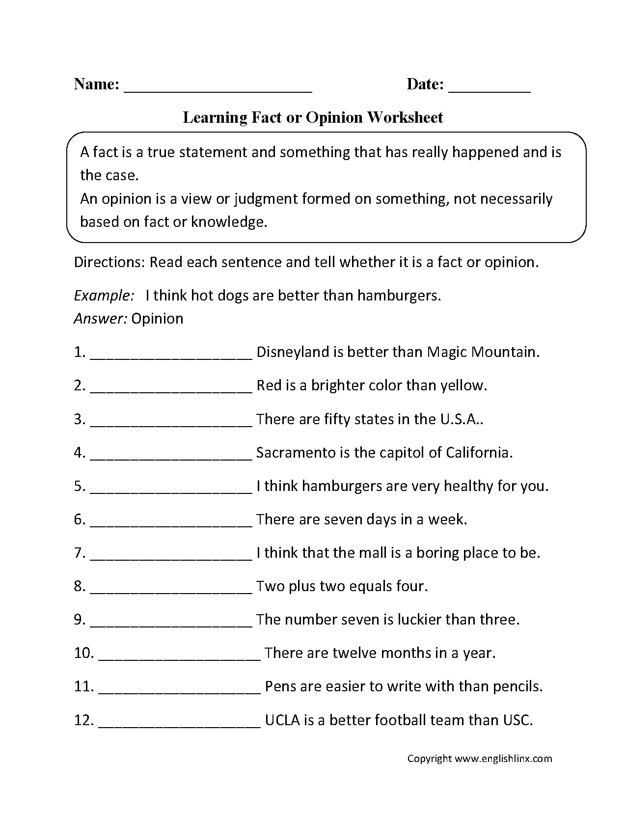 Learning Fact or Opinion Worksheets