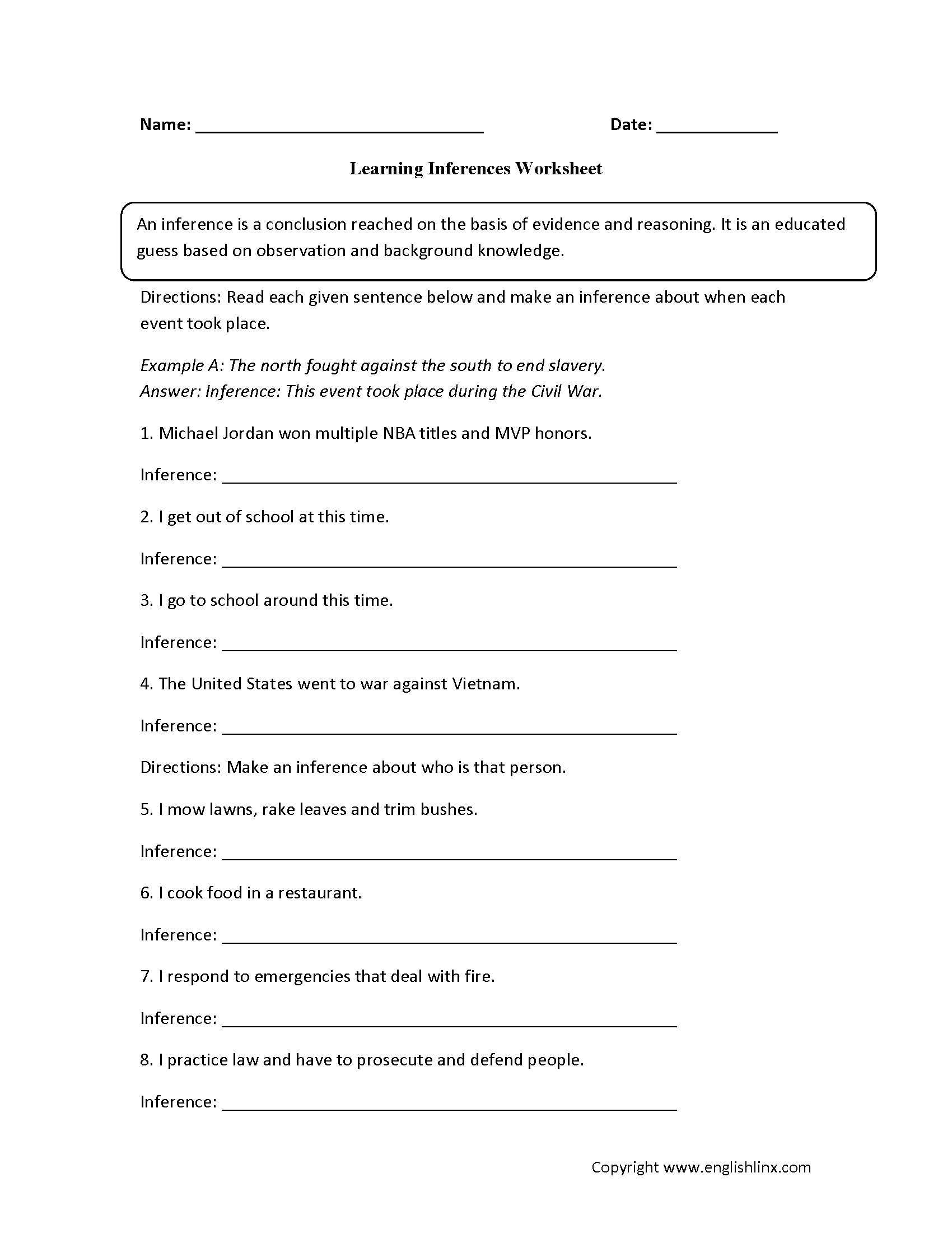 Reading Worksheets Inference Worksheets